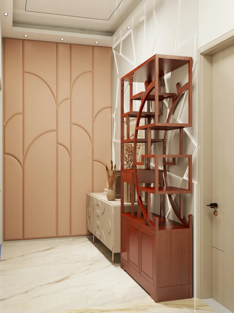 Modern hallway interior with pink wall panel dark wood cabinet and a white marble floor
