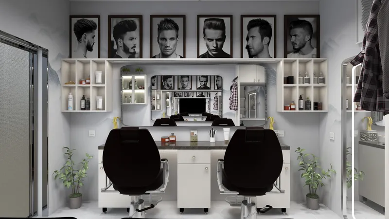 Modern barber shop interior featuring two black chairs large mirrors white cabinets and framed portraits