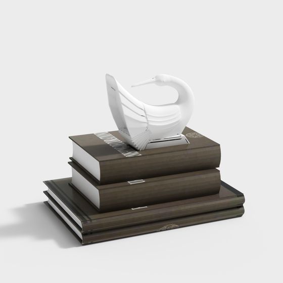 Elegant White Crane 3D model on Stacks of Books