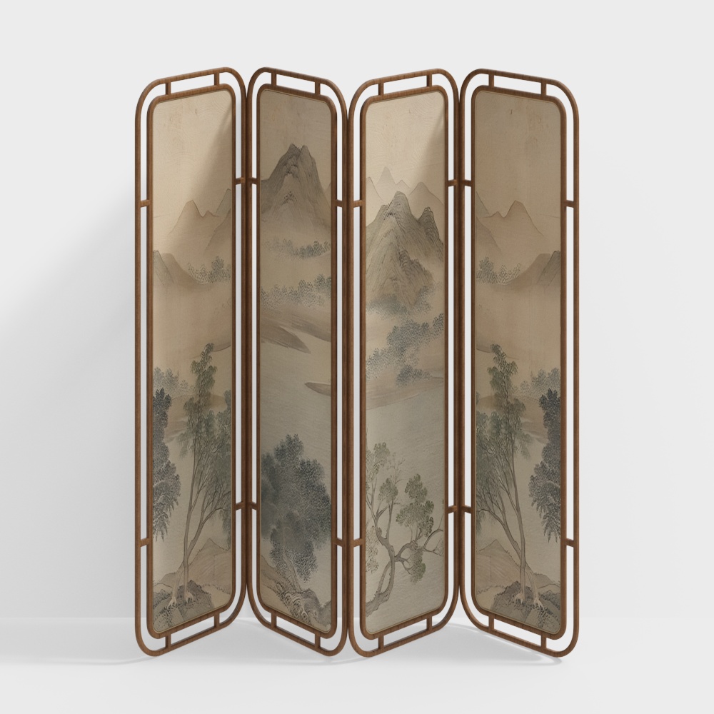 Elegant Chinese Screen 3D Model – Landscape Art Panels