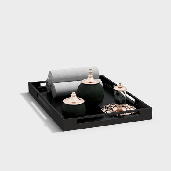 Elegant Black Tray 3D model with Golden Accents