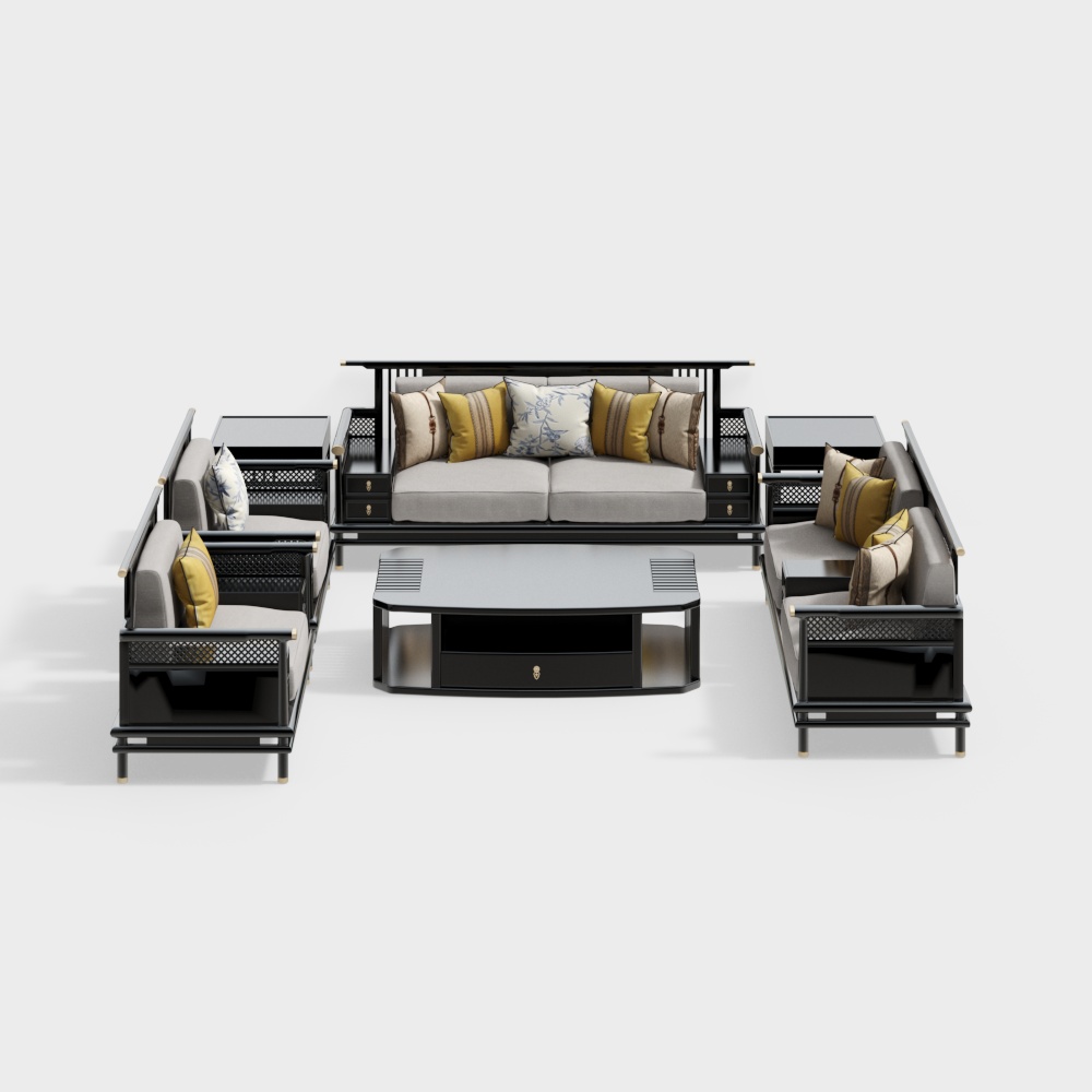 新中式大型平面客廳與餐廳沙發組合