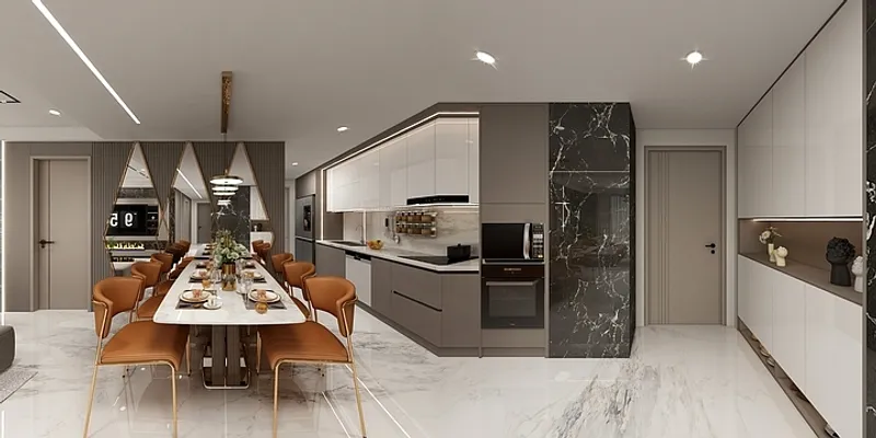 Modern kitchen dining area featuring marble table orange chairs white cabinets and black marble wall