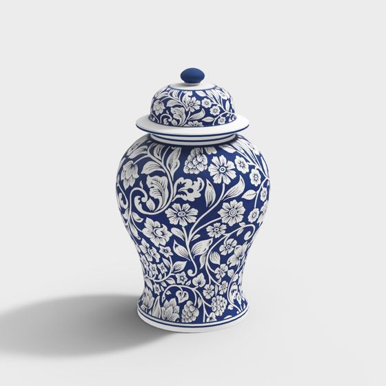 Elegant Blue and White Porcelain Jar 3D model