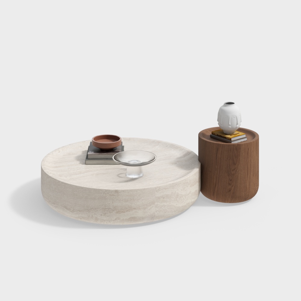 Round Coffee Table Set 3D Model – Marble and Wood