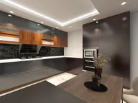 Modern kitchen design with black cabinets wood accents white countertops marble floor and wooden dining table
