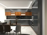 Modern kitchen with black lower cabinets wood upper cabinets marble floor and a dining table