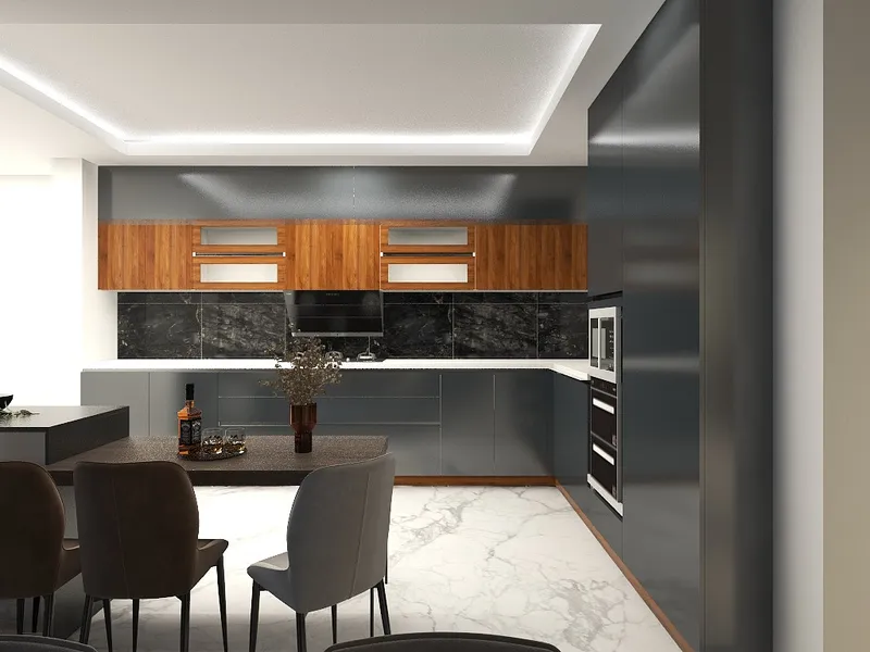 Modern kitchen with black lower cabinets wood upper cabinets marble floor and a dining table