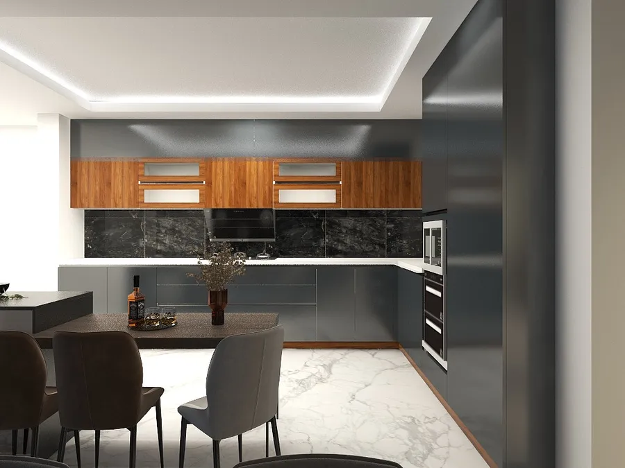 Modern kitchen with black lower cabinets wood upper cabinets marble floor and a dining table
