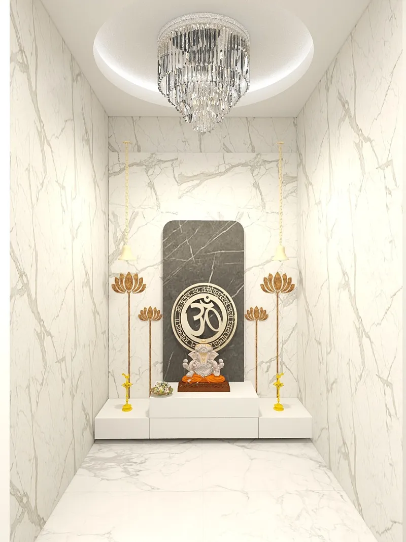 Modern prayer room with white marble walls crystal ceiling light and gold lotus floor lamps