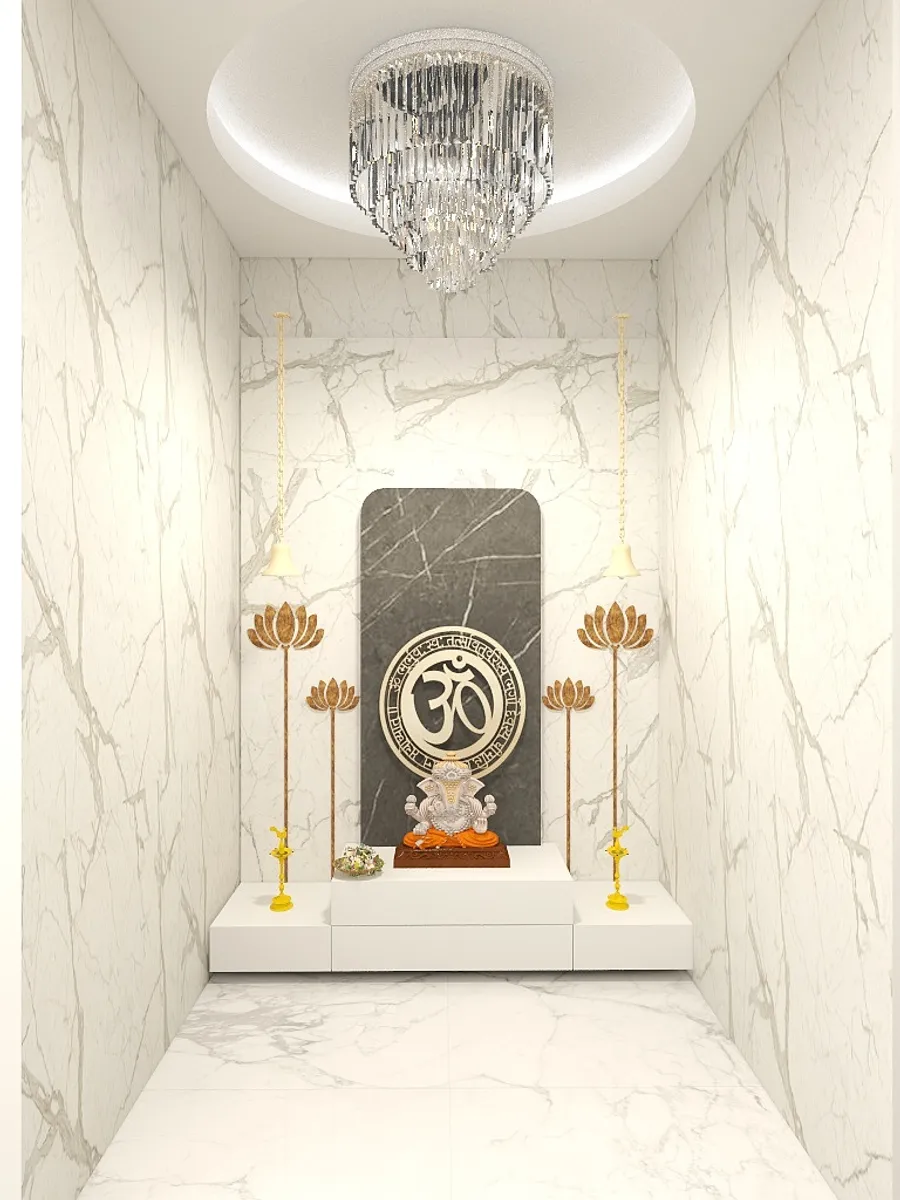 Modern prayer room with white marble walls crystal ceiling light and gold lotus floor lamps