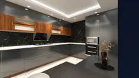 L-shaped modern kitchen with black marble backsplash grey cabinets wood wall storage and marble floor