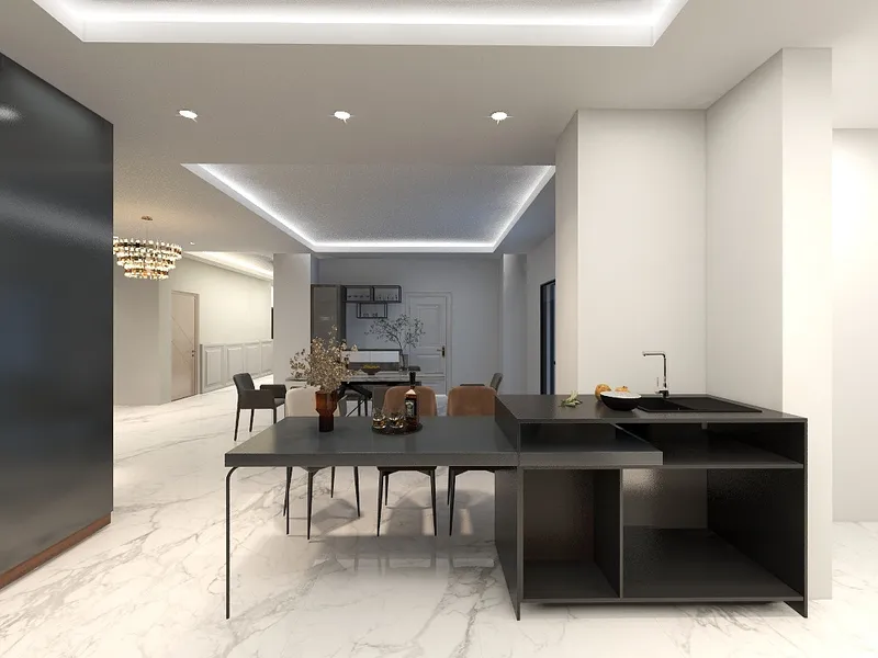 Black kitchen island with sink near dining area in bright room with white marble floor