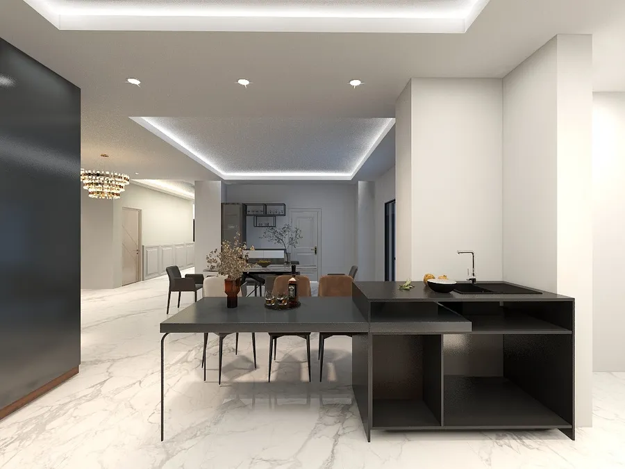 Black kitchen island with sink near dining area in bright room with white marble floor