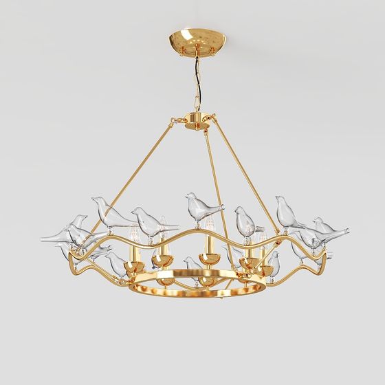 Elegant Golden Bird-Themed Chandelier 3D model
