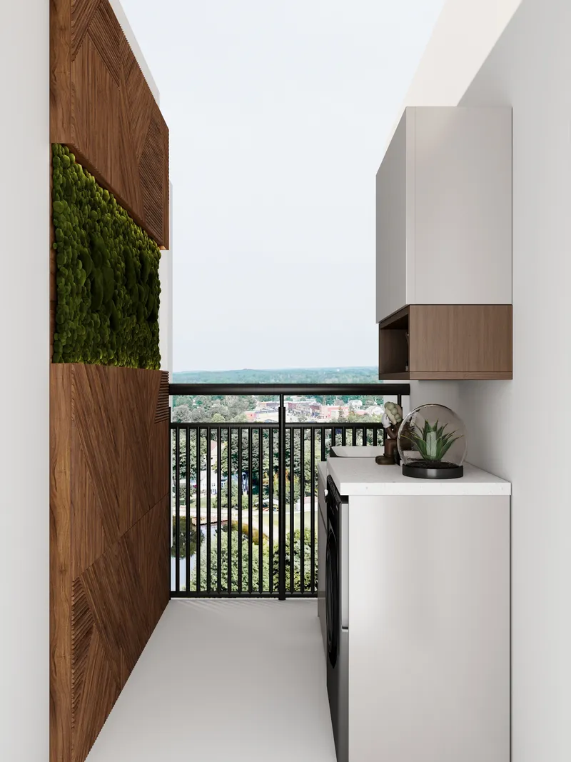 Modern balcony laundry area featuring wood wall paneling, green moss, washing machine, and outdoor view
