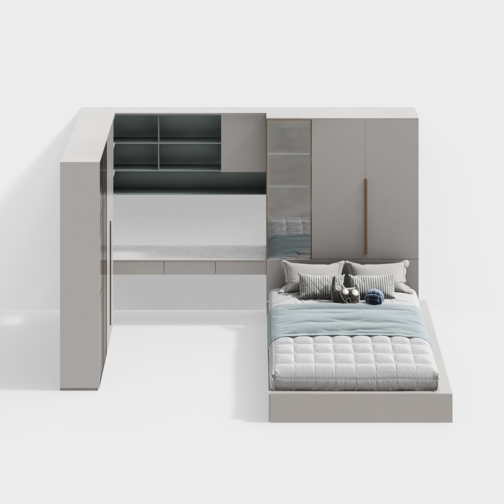 現代兒童房榻榻米書桌和衣櫃