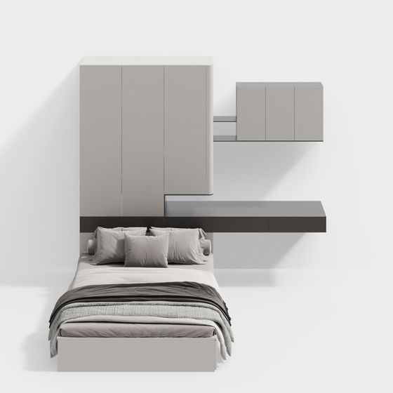 Modern Minimalist Floating Bed and Wardrobe 3D model