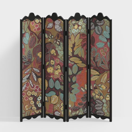 Colorful Autumn-Themed 4-Panel Screen 3D model