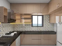 Modern kitchen with patterned tile backsplash glossy tan cabinets dark granite countertops window and fridge