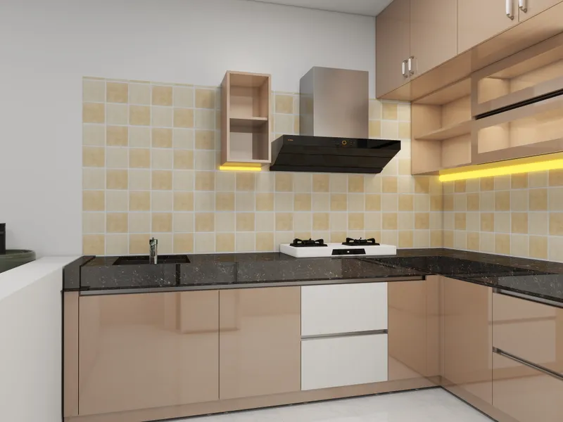 Modern kitchen design with glossy beige cabinets black granite countertops gas stove sink and lighting