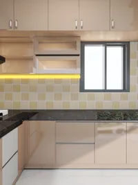 Close up view of tan kitchen cabinets with yellow lighting and a grey framed window