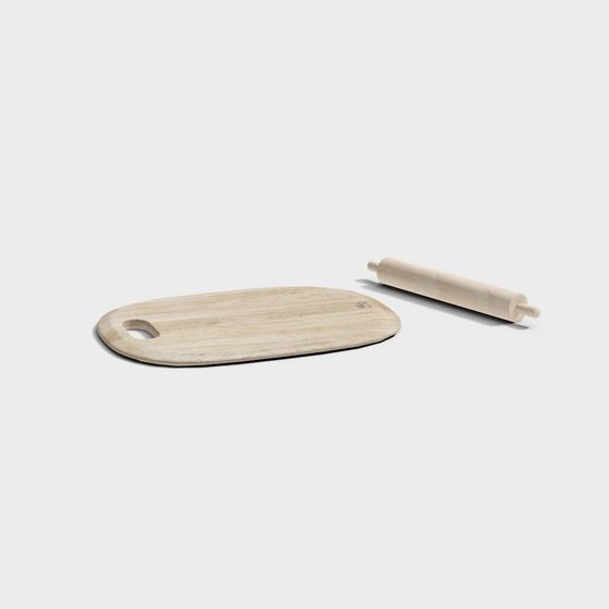 Stylish Wooden Cutting Board and Rolling Pin 3D model