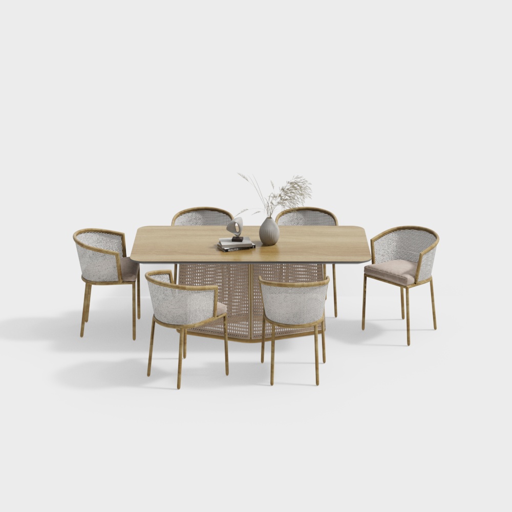 Wooden Dining Table and Chair Set – Light Wood, Low-Poly