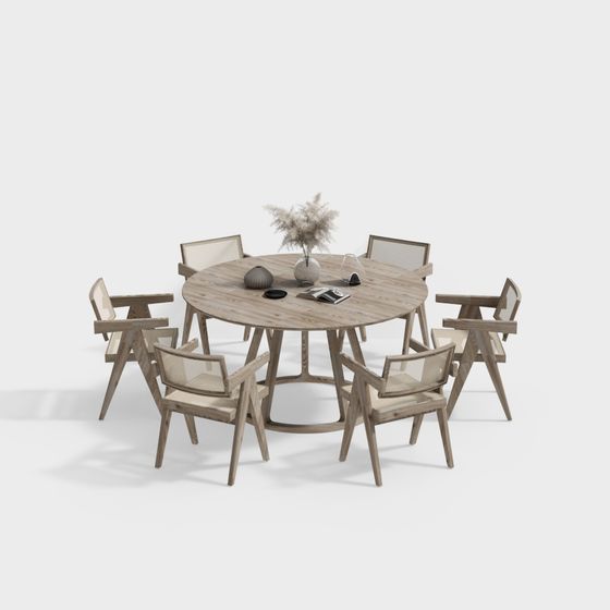 Modern Low-Polygon Round Table and Six Chairs 3D model