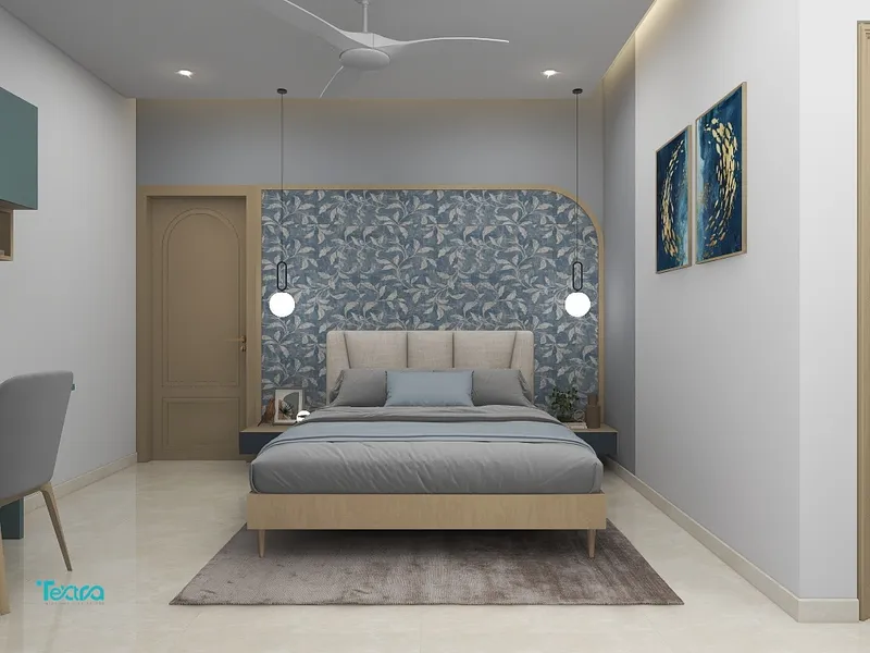 Modern bedroom with grey bed floral wallpaper two globe lights ceiling fan and wall paintings