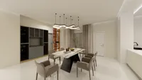 Modern dining room with marble table six chairs wavy ceiling light gray cabinet and curtains