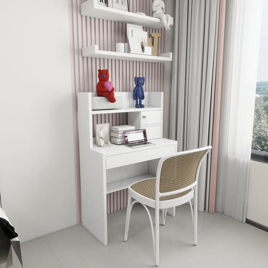 White study desk with chair featuring pink wall panels shelves laptop books and grey curtains