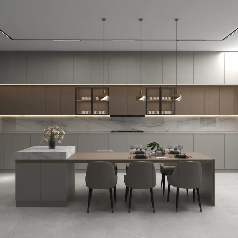 Modern kitchen with grey cabinets, wood accents, dining table, grey chairs, and gold ceiling lights