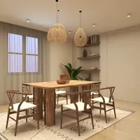 Wooden dining table with six chairs under two woven ceiling lights on a patterned rug