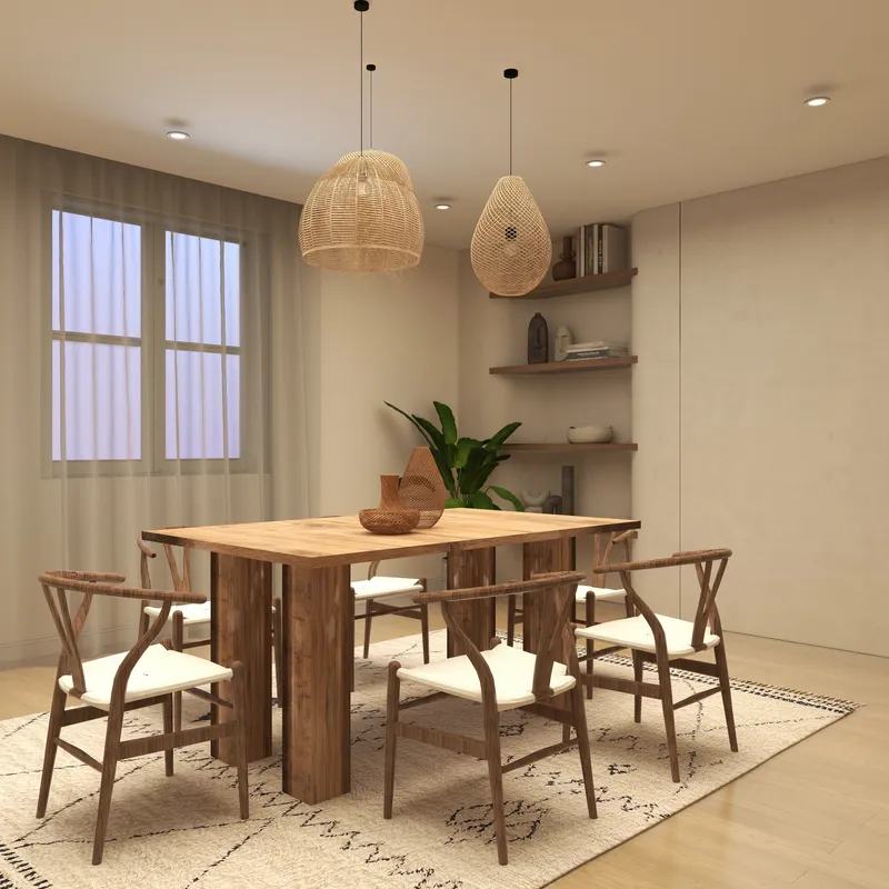 Wooden dining table with six chairs under two woven ceiling lights on a patterned rug
