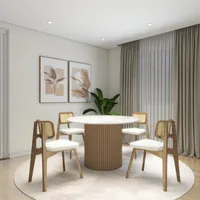 Modern dining room with round white table wooden chairs botanical art green plant beige curtains