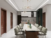 Modern dining room with marble table, grey chairs, golden ceiling light, and white kitchen cabinets