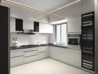 Modern white kitchen with black countertops, integrated oven, window blinds, and bright ceiling light fixtures