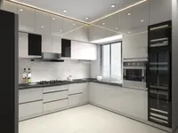 Modern kitchen design with white cabinetry, black stone countertop, window blinds, oven, and recessed lights
