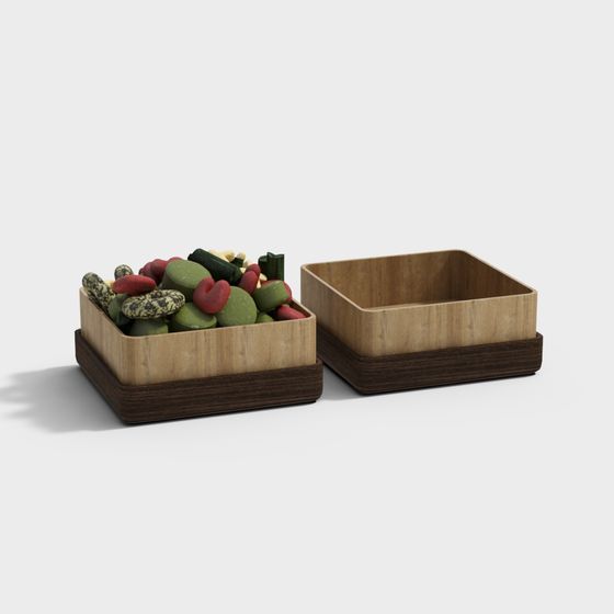 Charming Wooden Storage Box 3D model with Colorful Stones