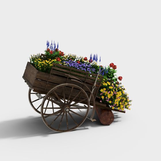 Vintage Wooden Flower Cart 3D model