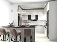 Kitchen island with brown stools, hanging white ceiling lights, and white cabinets with marble wall
