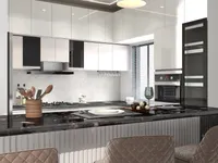 Modern white kitchen cabinets with dark marble island chairs oven window and white marble tile
