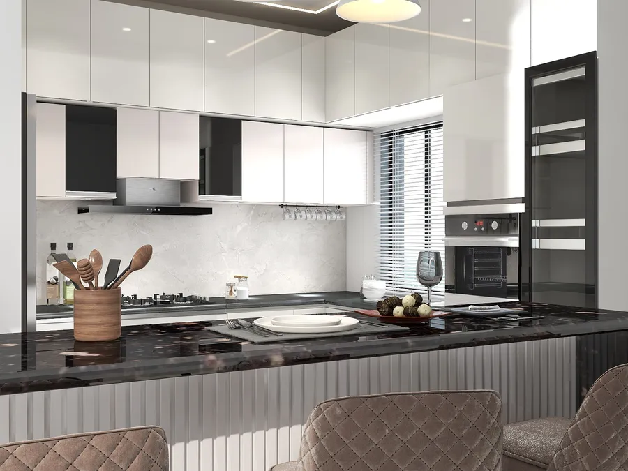 Modern white kitchen cabinets with dark marble island chairs oven window and white marble tile