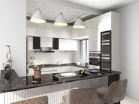 Modern white kitchen featuring black marble breakfast bar brown stools and three white ceiling lights