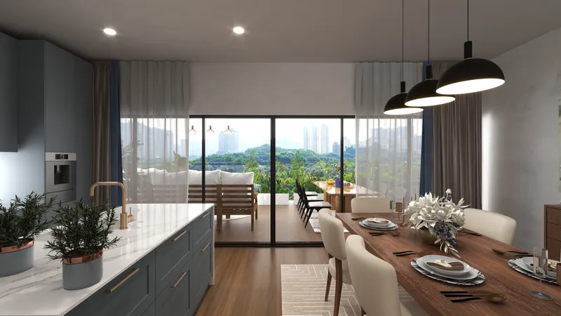 Modern open plan dining room with wooden table white chairs black ceiling lights and balcony