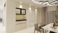 Light wood wall cabinets near marble dining table with grey chairs and modern ceiling light