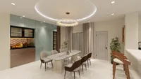 Modern dining room with marble table, six chairs, circular ceiling light, side cabinet, and curtains