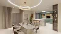 Marble dining table with chairs near green kitchen cabinets and large round white ceiling light
