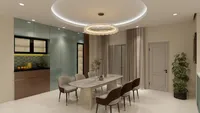 Marble dining table with six chairs, circular ceiling light, green potted plant, and grey door